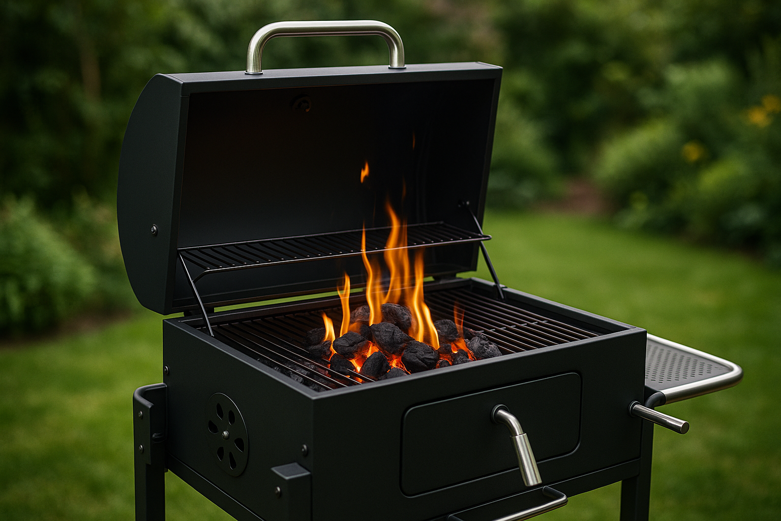 High-quality lifestyle photo of a modern BBQ grill with glowing natural lumpwood charcoal, realistic flames, outdoor garden background, professional product photography, soft natural lighting, premium style.